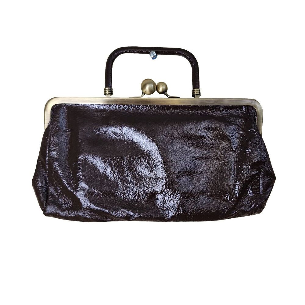 Vintage Hobo International Brown Leather Kiss Lock Clutch Wallet Top Handle EUC